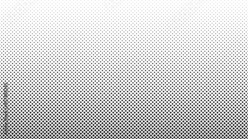 Monochrome comic dotted gradient background in retro style, banner with points, dots, rounds, circles, stars, rhombus. Abstract halftone texture. Black and white banner. Vector EPS10
