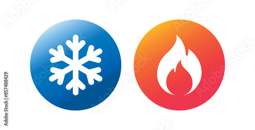 Hot and cold vector flat icon set isolated on white background. Snowflake and fire, flame gradient symbols on geometric circle buttons for web and app. 