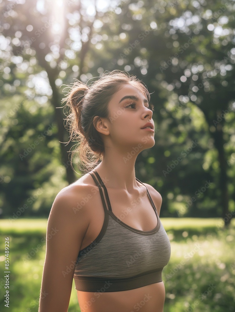 Happy fit sporty active confident young woman wearing sportswear enjoying summer sunny day looking away feeling peace of mind, mental balance standing in green nature park. Happy fit sporty active confident young woman wearing sportswear enjoying summer sunny day looking away feeling peace of mind, mental balance standing in green nature park.