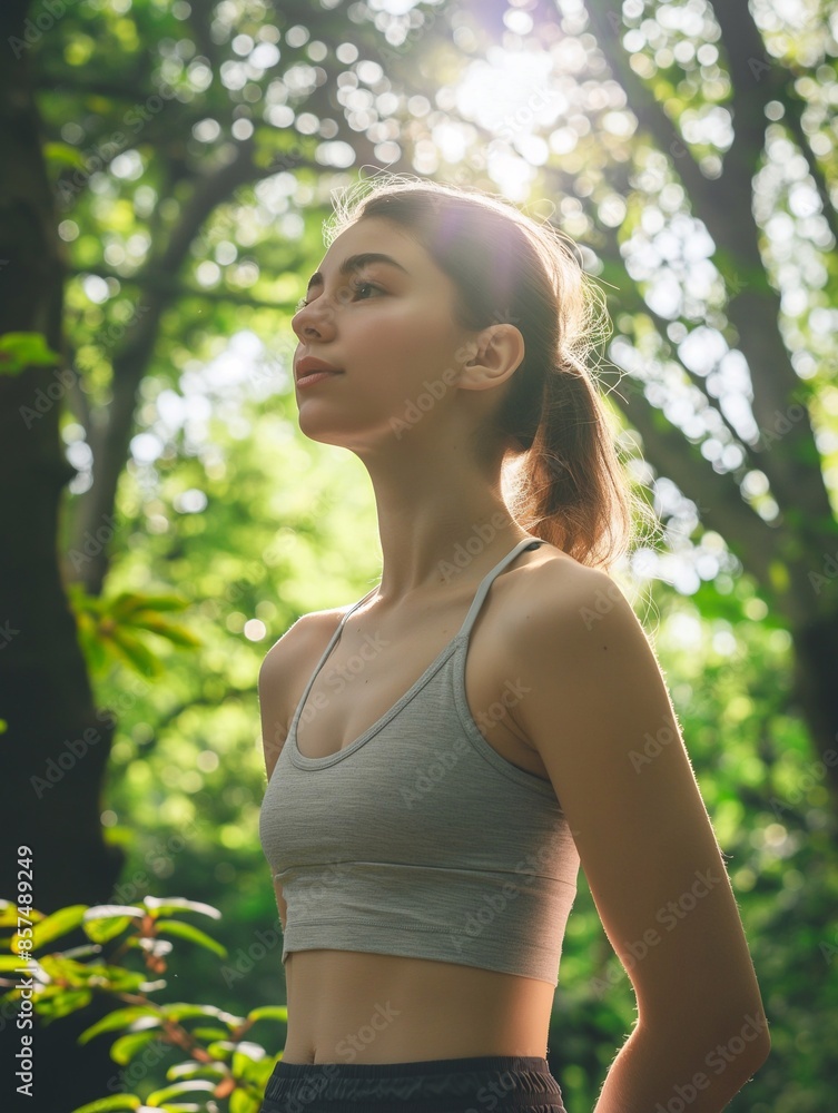 Happy fit sporty active confident young woman wearing sportswear enjoying summer sunny day looking away feeling peace of mind, mental balance standing in green nature park. Happy fit sporty active confident young woman wearing sportswear enjoying summer sunny day looking away feeling peace of mind, mental balance standing in green nature park.