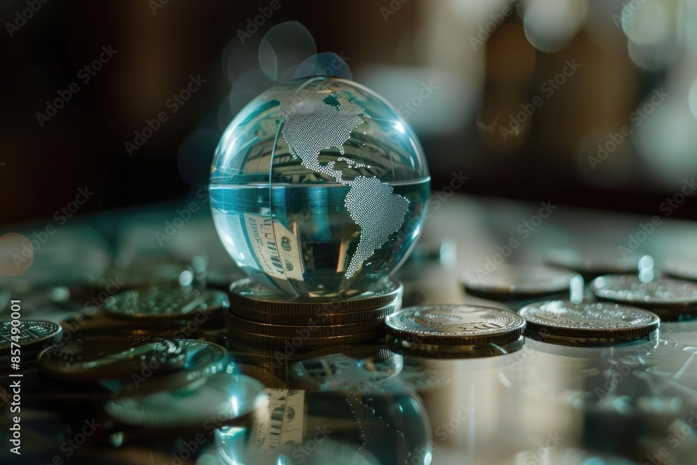 Glass globe on money stack business concept background. Glass globe on money stack business concept background.