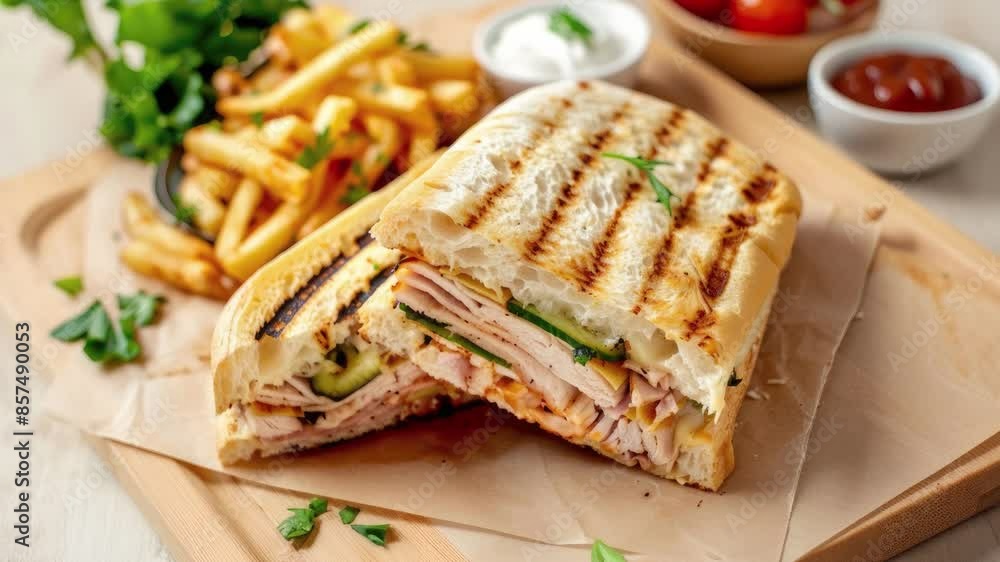 Zooming in on a Turkey Panini with French Fries on a Wooden Table Zooming in on a Turkey Panini with French Fries on a Wooden Table