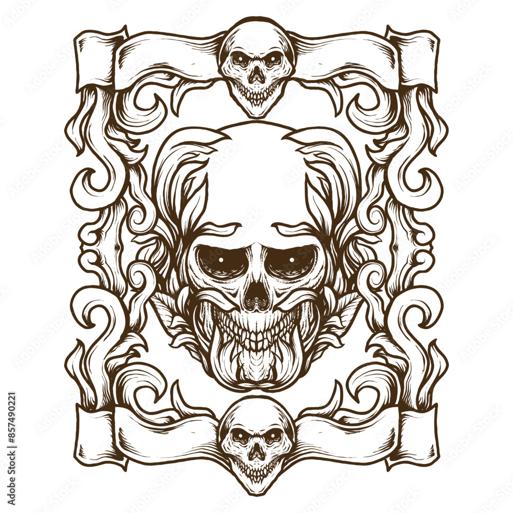 skull with leaf skull ornament line art vector illustration design skull with leaf skull ornament line art vector illustration design