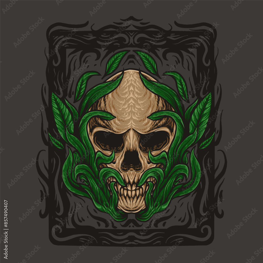 Fototapeta premium skull with leaf ornament vector illustration
