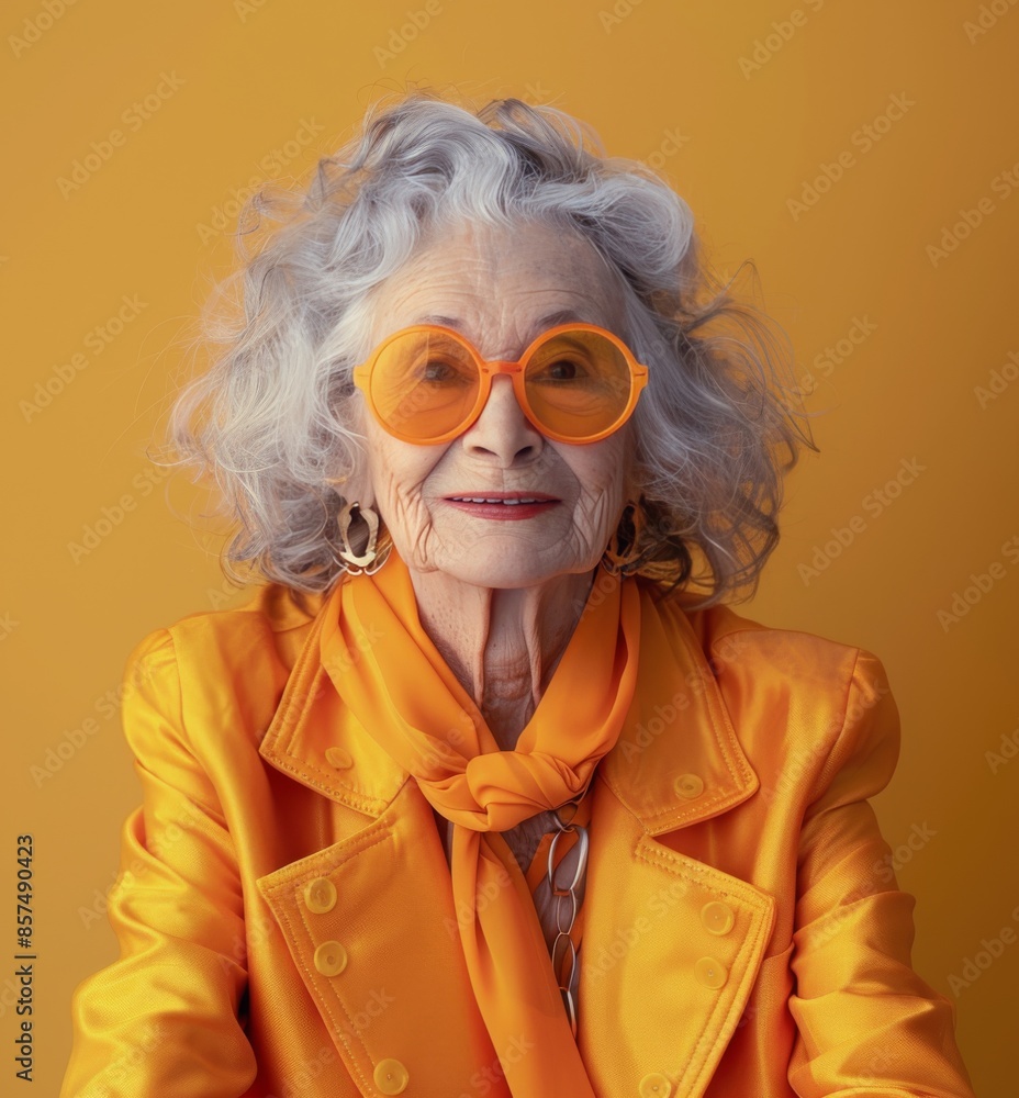 Smiling Senior Woman In Yellow Outfit And Sunglasses Against Yellow Background Smiling Senior Woman In Yellow Outfit And Sunglasses Against Yellow Background