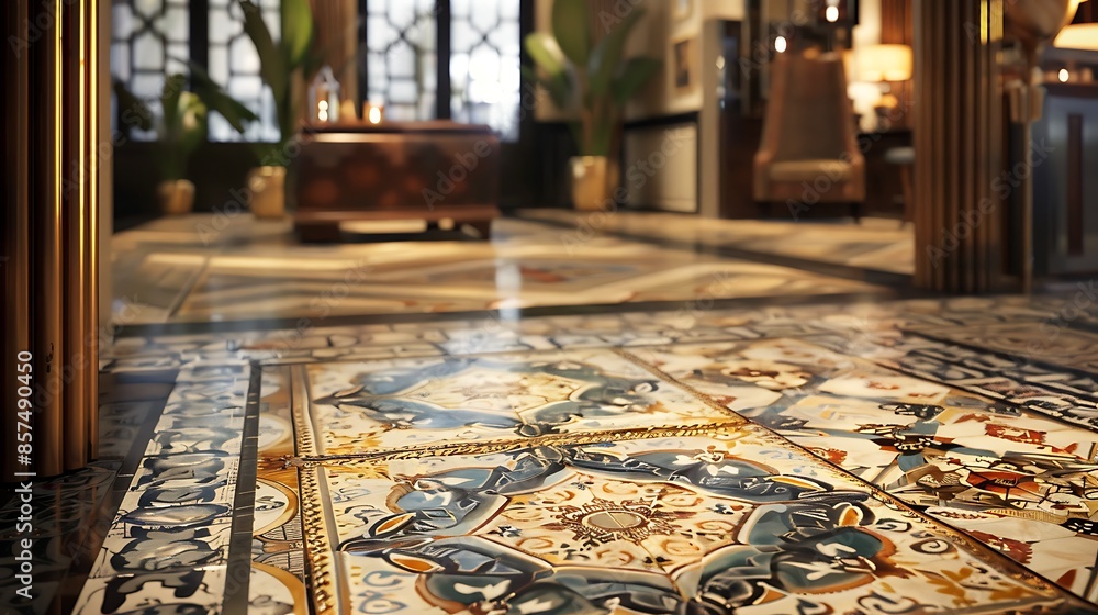 intricate tile design on the floor of a boutique hotel lobby, featuring a bespoke pattern that combines traditional and contemporary motifs, welcoming guests with style intricate tile design on the floor of a boutique hotel lobby, featuring a bespoke pattern that combines traditional and contemporary motifs, welcoming guests with style