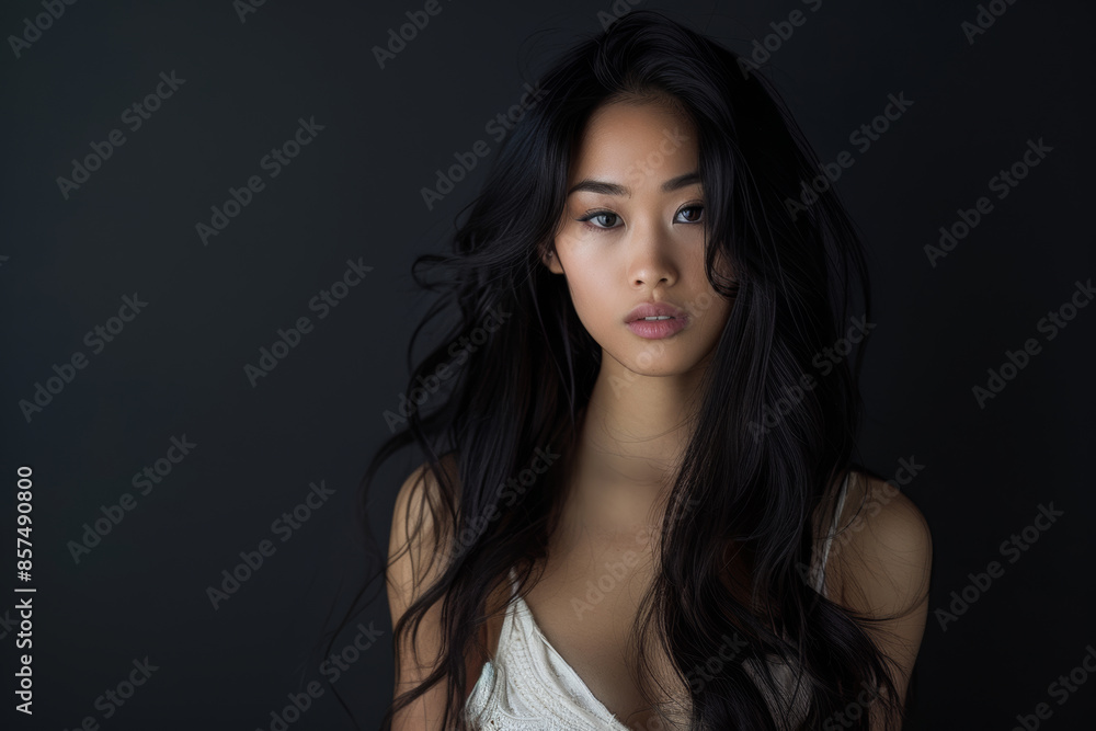 Beautiful long curly hair asian woman model hair smooth brunette hairstyle model, Haircare Product model advertising. Copy space. Beautiful long curly hair asian woman model hair smooth brunette hairstyle model, Haircare Product model advertising. Copy space.