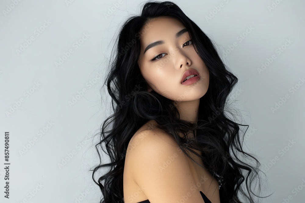 Beautiful long curly hair asian woman model hair smooth brunette hairstyle model, Haircare Product model advertising. Copy space. Beautiful long curly hair asian woman model hair smooth brunette hairstyle model, Haircare Product model advertising. Copy space.
