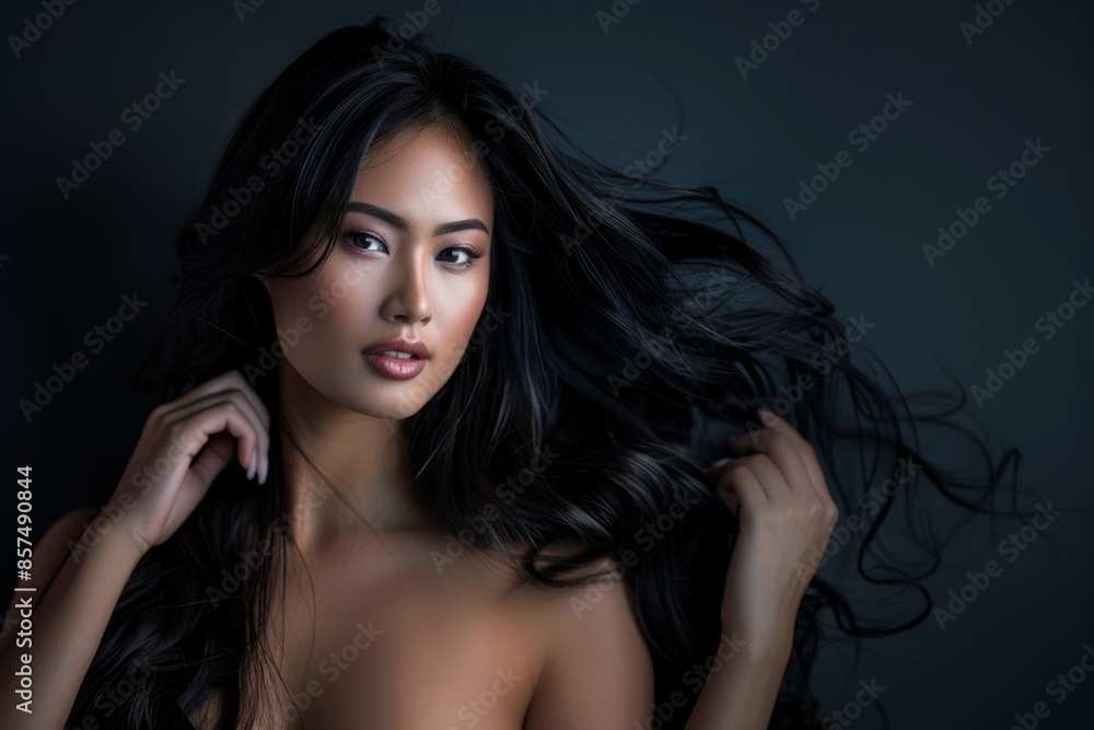 Fototapeta premium Beautiful long curly hair asian woman model hair smooth brunette hairstyle model, Haircare Product model advertising. Copy space.