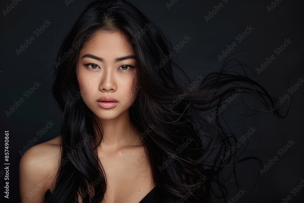 Φωτογραφία Beautiful long curly hair asian woman model hair smooth brunette hairstyle model, Haircare Product model advertising