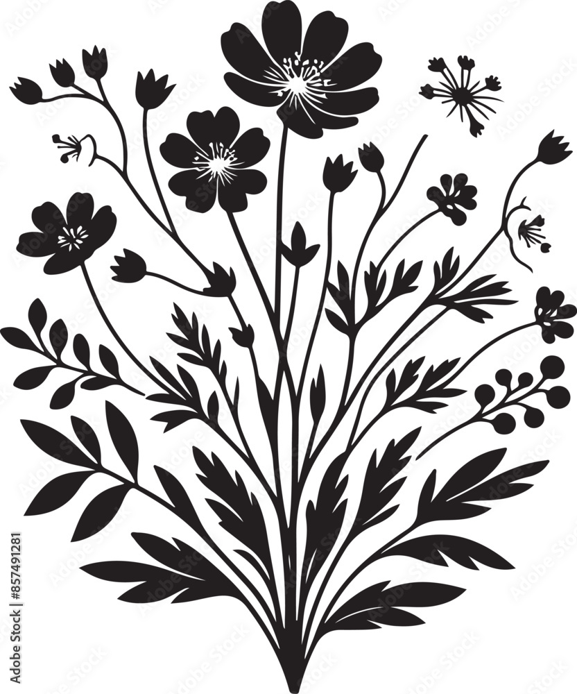 Silhouette of flower black and white isolated, vector black color silhouette Silhouette of flower black and white isolated, vector black color silhouette