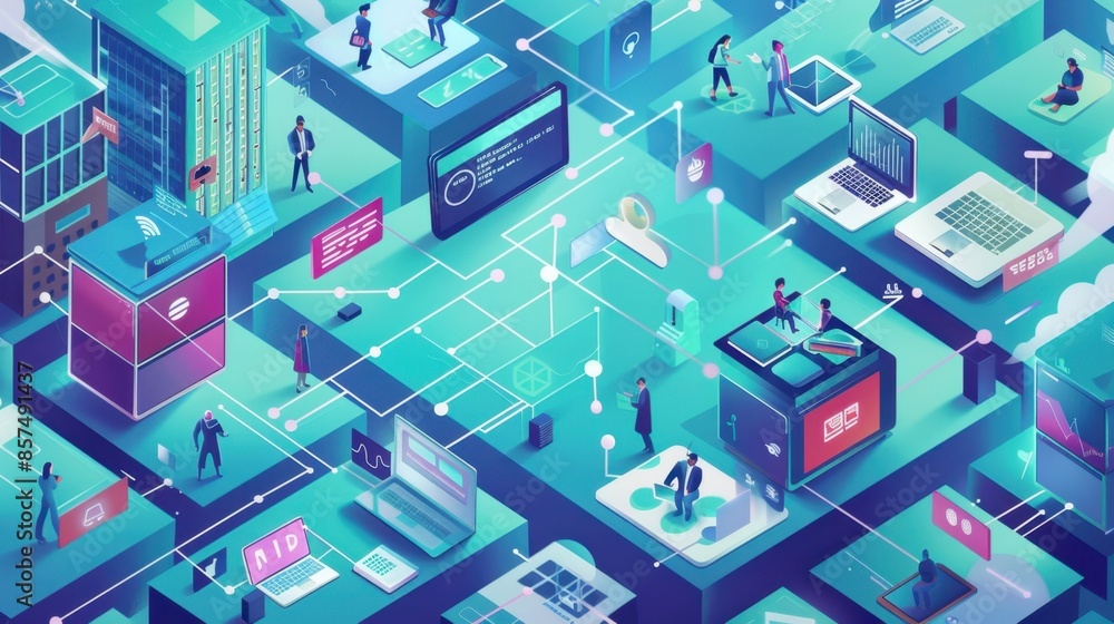 An illustration depicting a complex digital network with people, devices, and data flowing between them. An illustration depicting a complex digital network with people, devices, and data flowing between them.
