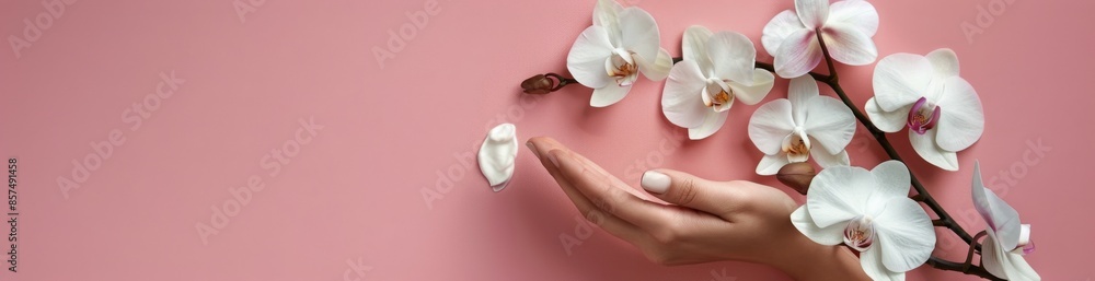 White Orchid Flowers and a Hand With Manicured Nails on a Pink Background White Orchid Flowers and a Hand With Manicured Nails on a Pink Background