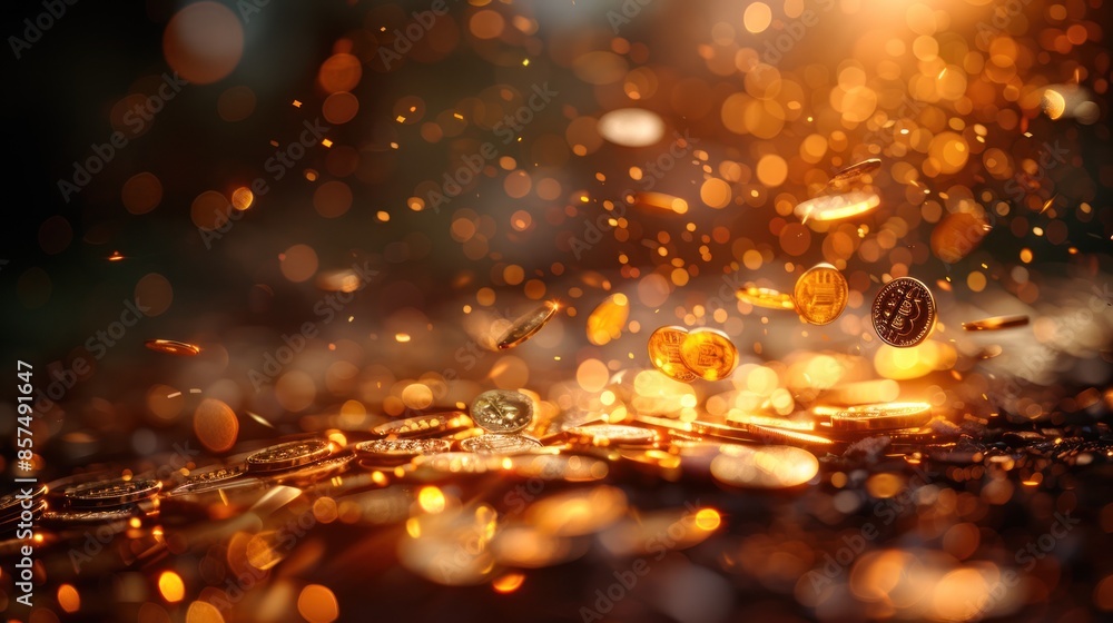 Golden Coins Falling With Blurry Lights Golden Coins Falling With Blurry Lights