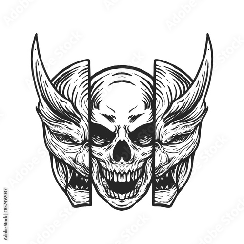 angry skull in oni japan mask line art vector illustration design