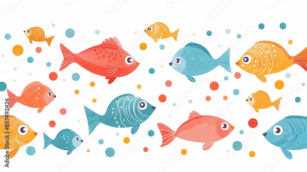 An artistic depiction of colorful fish swimming in a harmonious pattern against a white background, showcasing the beauty and diversity of sea life in a captivating manner. An artistic depiction of colorful fish swimming in a harmonious pattern against a white background, showcasing the beauty and diversity of sea life in a captivating manner.