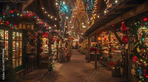 This is a photo of a beautiful Christmas market. The market is located in a small town in the mountains. © Nijat