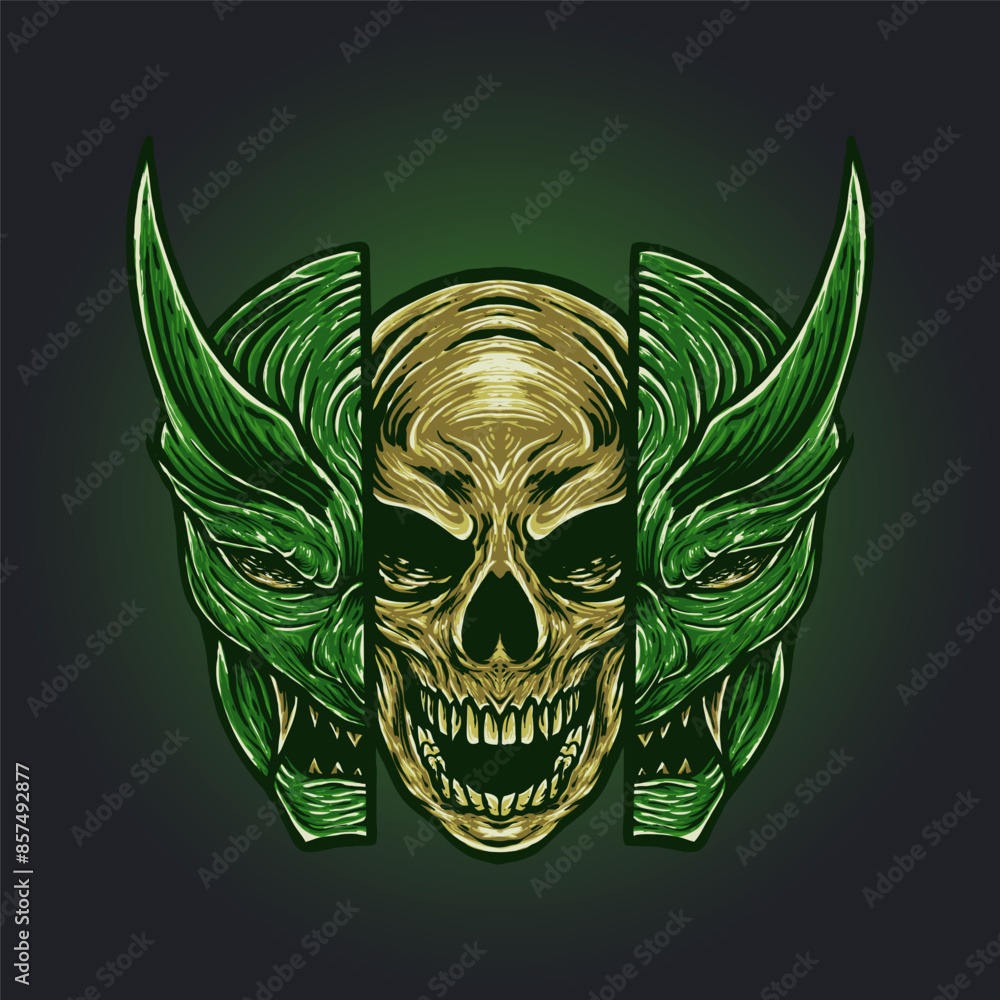 Fototapeta premium skull with oni japan mask vector illustration