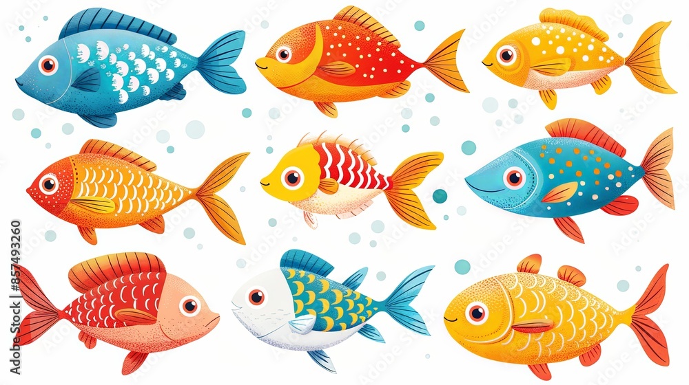 This intricate illustration showcases eight uniquely designed fish with varying patterns and colors, swimming among bubbles, highlighting the beauty and diversity of marine life in a playful manner. This intricate illustration showcases eight uniquely designed fish with varying patterns and colors, swimming among bubbles, highlighting the beauty and diversity of marine life in a playful manner.