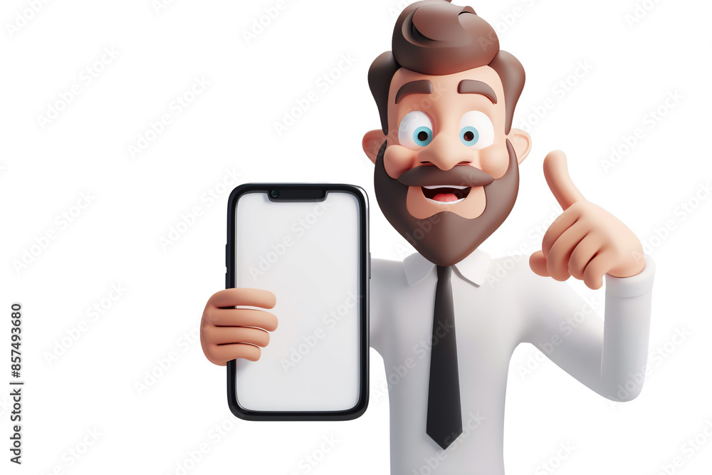 3D rendering businessman character holding a blank screen smartphone., isolated on a transparent background. 3D rendering businessman character holding a blank screen smartphone., isolated on a transparent background.