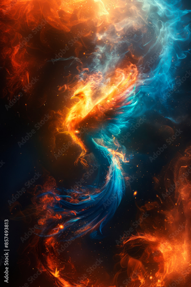 Phoenix on fire in blue and yellow colors symbol of rebirth
