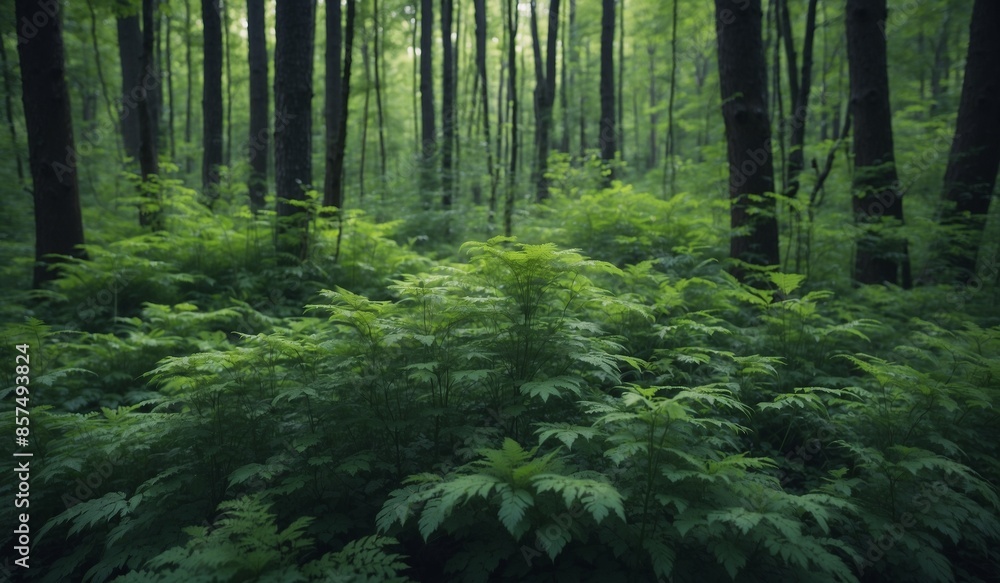 Fototapeta premium Lush forest scenery with dense foliage and tall trees