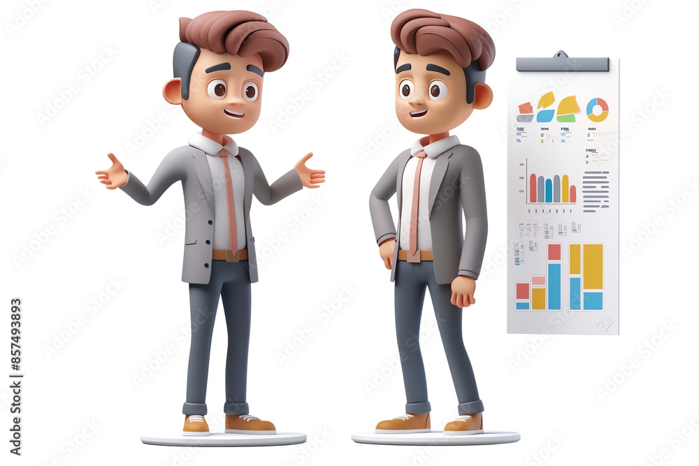 3D rendering of a businessman presenting financial data, isolated on a transparent background. 3D rendering of a businessman presenting financial data, isolated on a transparent background.