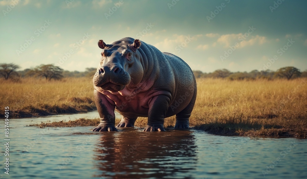 Obraz premium Wild hippopotamus in a natural watery habitat