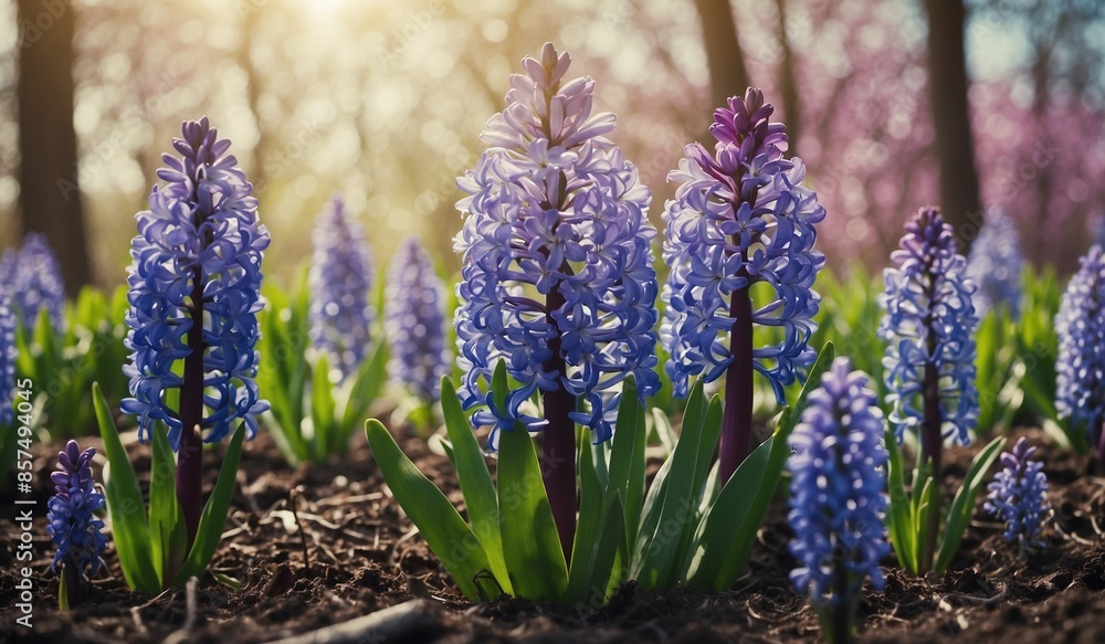 Fototapeta premium Lush garden blooming with vibrant blue hyacinth flowers