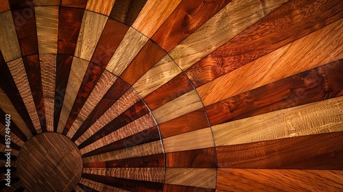 close-up of a custom-crafted door with a sunburst pattern inlaid in fine woods, exemplifying the precision and artistic flair of modern carpentry photo