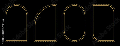 Set of arched vector gold frames formed by thin lines and dashed dots - Simple golden frame outlines, isolated on a black background