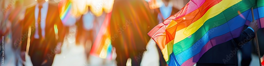 People with rainbow pride flags walking in the street. Selective focus. Pride month People with rainbow pride flags walking in the street. Selective focus. Pride month