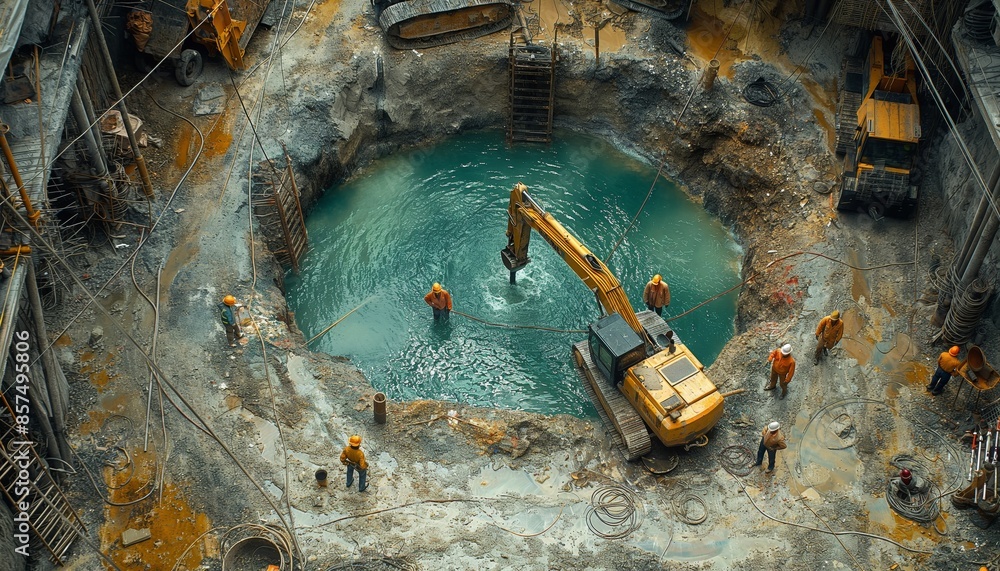 Aerial view of workers and machinery in a water-filled construction pit Suggests teamwork and engineering Aerial view of workers and machinery in a water-filled construction pit Suggests teamwork and engineering