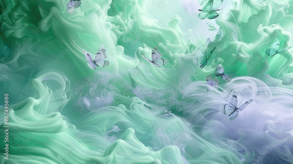 A surreal swirl of mint green and lavender smoke, with delicate 3D butterflies fluttering throughout the scene A surreal swirl of mint green and lavender smoke, with delicate 3D butterflies fluttering throughout the scene