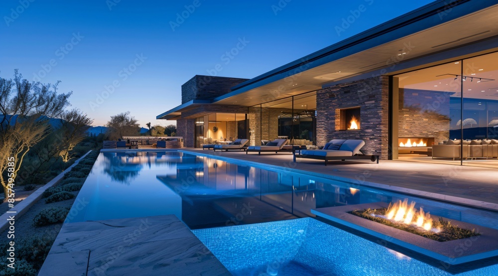 outdoor living space - modern mansion in the desert at night with swimming pool outdoor living space - modern mansion in the desert at night with swimming pool