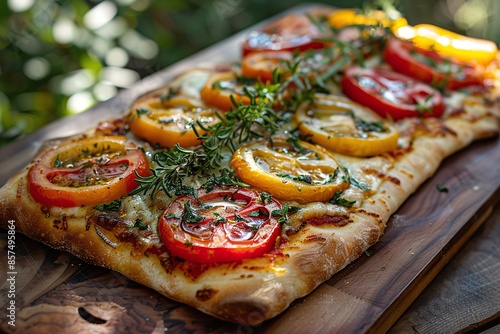 Rustic flatbread pizza with colorful heirloom tomatoes and fresh herbs photo