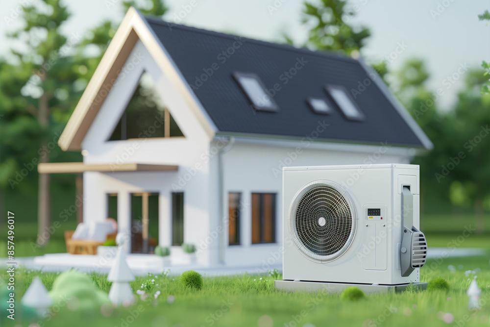 AC concept image with an air conditioning unit next to a house model to cool air at home on hot summer day. AC concept image with an air conditioning unit next to a house model to cool air at home on hot summer day.