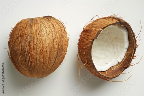 Coconut Shell Opening with Cut Half Revealing Inside photo