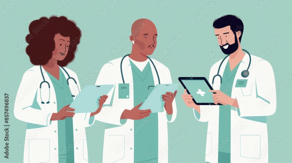 Three doctors, a woman and two men, discuss medical information using digital tablets, showcasing a modern approach to healthcare. Three doctors, a woman and two men, discuss medical information using digital tablets, showcasing a modern approach to healthcare.