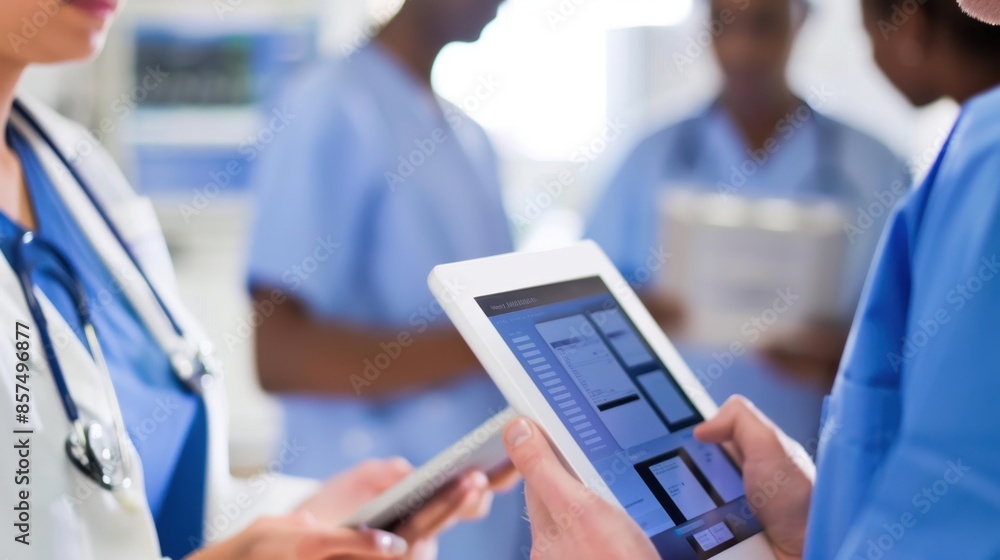 A group of healthcare professionals use tablets in a hospital setting, focusing on digital medical records. A group of healthcare professionals use tablets in a hospital setting, focusing on digital medical records.