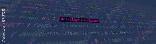 Fotografie Cyber attack privilege escalation text in foreground screen of code editor developer studio point of vue