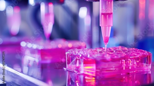 A close-up view of a machine dispensing pink liquid into a transparent tray with a textured surface. © AriyaniAI