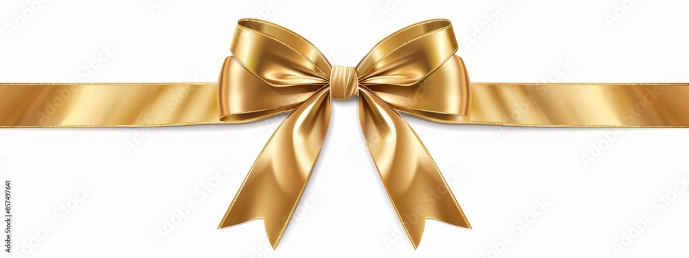 A luxurious golden ribbon with a bow creates an elegant contrast against a white backdrop, emanating sophistication and style. Its perfect for chic decorations and celebratory events A luxurious golden ribbon with a bow creates an elegant contrast against a white backdrop, emanating sophistication and style. Its perfect for chic decorations and celebratory events