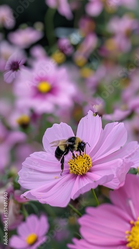 Bumblebee on a pink flower, close-up nature photography with blurred floral background © iVGraphic