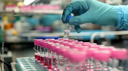 A gloved hand carefully transfers a liquid sample from a vial into a row of test tubes. © AriyaniAI