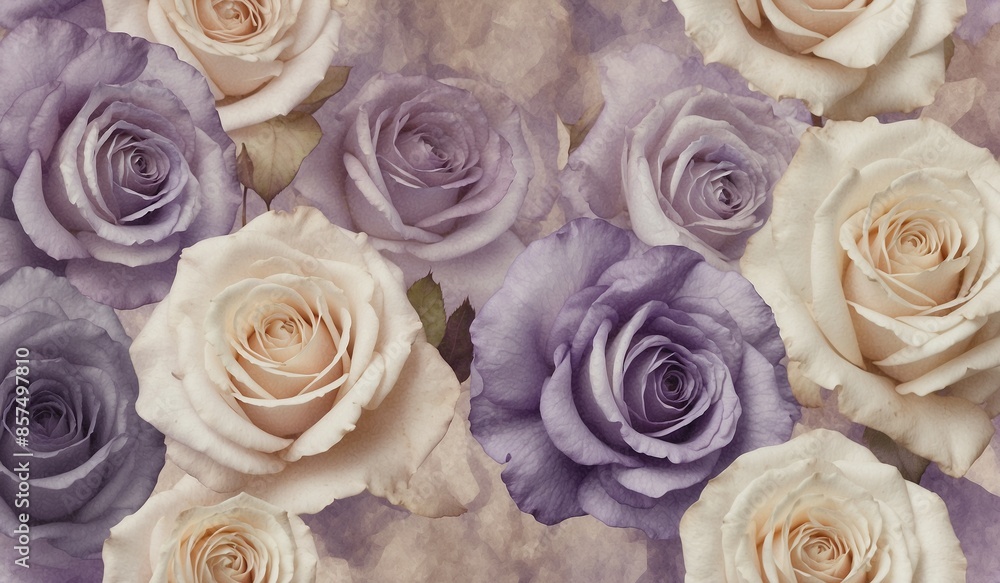 Purple and beige roses with a painterly background effect. Purple and beige roses with a painterly background effect.