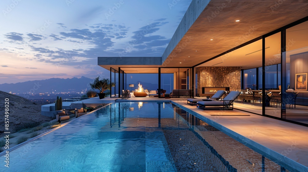 Obraz premium outdoor living space - modern mansion in the desert at night with swimming pool