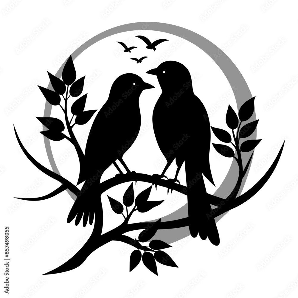 Fototapeta premium Romantic Bird Silhouette Lovebirds Perched on a Branch - Vector Art