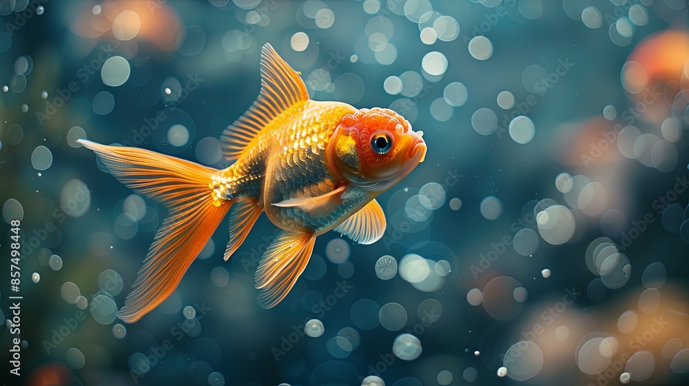 A mesmerizing image of a goldfish with shiny, glittering scales swimming gracefully in clear water, surrounded by soft, bokeh light effects, creating a dreamy aquatic ambiance. A mesmerizing image of a goldfish with shiny, glittering scales swimming gracefully in clear water, surrounded by soft, bokeh light effects, creating a dreamy aquatic ambiance.