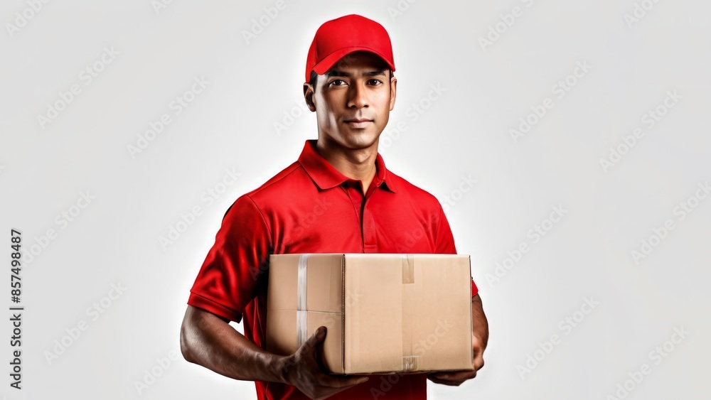 Delivery Worker in Red Uniform with Cardboard Boxes Delivery Worker in Red Uniform with Cardboard Boxes